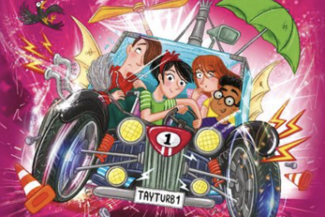 Three characters in a colourful cartoon car, surrounded by vibrant effects and icons.